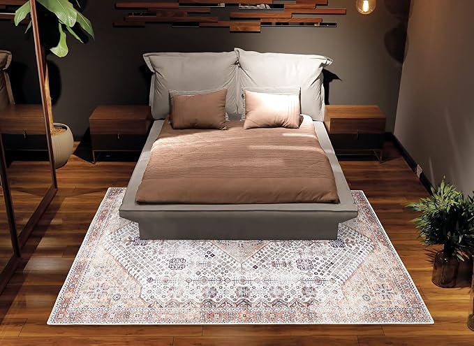 Bloom Rugs Washable Non-Slip 4' x 6' Rug - Sand/Orange/Purple Traditional Medallion Area Rug for Living Room, Bedroom, Dining Room, and Kitchen - Exact Size: 4' x 6'