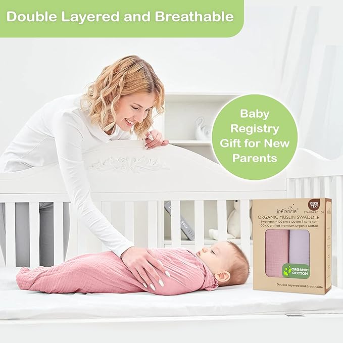 Organic Cotton Muslin Baby Blanket - 47x47 Inch Breathable Swaddle, Hypoallergenic Double-Layer, Versatile Use (Light Pink/Light Purple, 47x47 Inch)