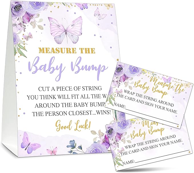 Measure the Baby Bump Baby Shower Game Set, 1 Standing Sign with 50 Guessing Cards, Butterfly Gender Reveal Party Decorations Supplies - B02