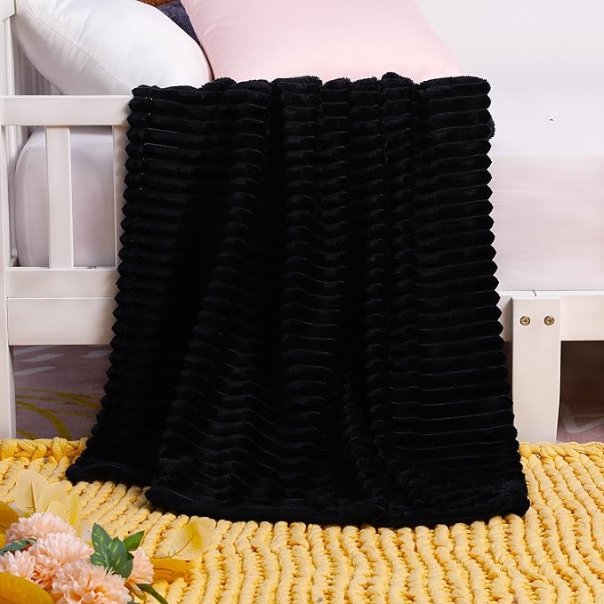 NTBAY Plush Flannel Oversized Baby Blanket, 50X60 Inches Soft and Warm Toddler Blanket with Striped Texture Nursery Bed Blanket for Stroller, Crib, Travel, Baby Gift, 50"x60", Black