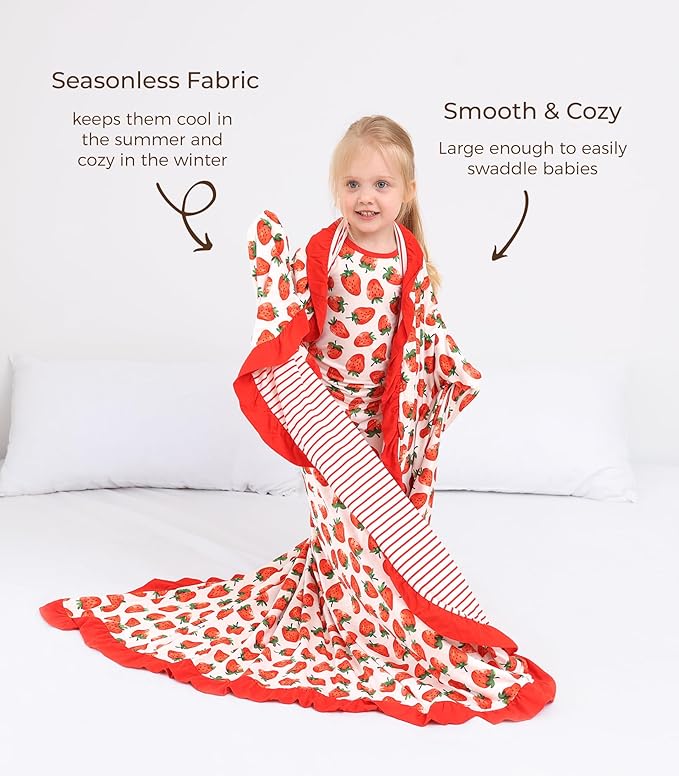 Premium Baby Blanket for Girls, Stretchy Quilt, Soft Crib Bedding for Newborn Baby and Toddler, Ruffle Nursery Blanket for Kids, Viscose Made from Bamboo, 50''x50'' Strawberry
