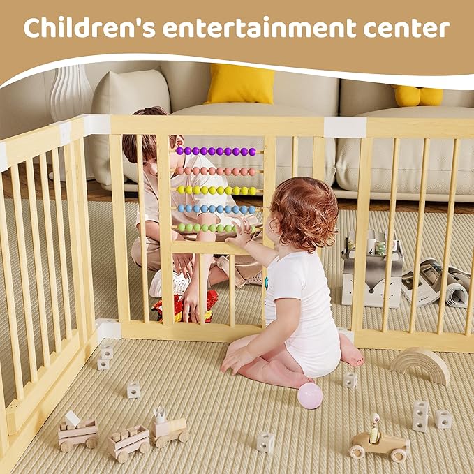 Baby Playpen with Gate, Wooden Playpen for Babies and Toddlers, Baby Play Yard with Colorful Acrylic Beads, Extra Large Fence Play Area with Suction Cups(63 * 47 * 24Inch)