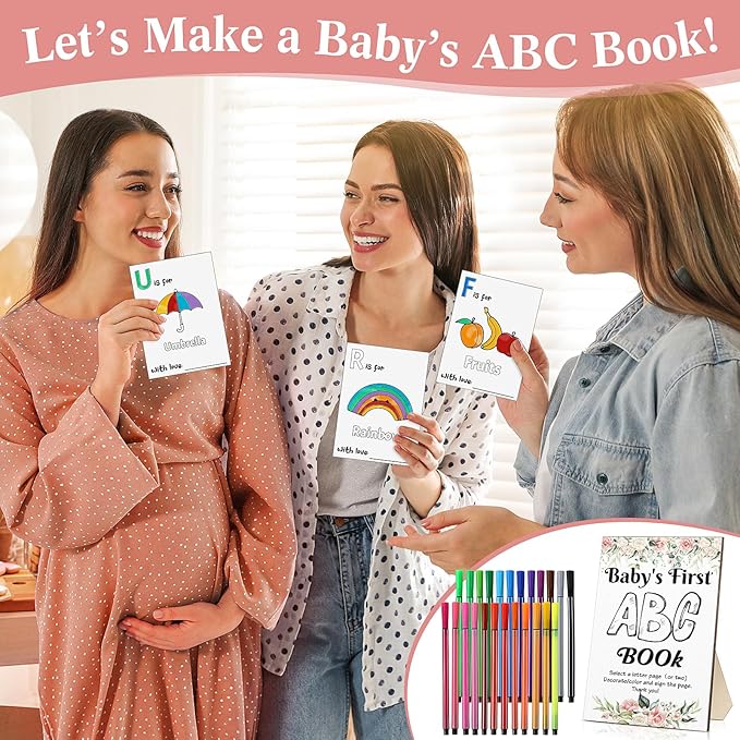 Geelin 51 Pcs Fun Baby Shower Game Activities First Abc Book Sign Coloring Game Card 26 Alphabet a to Z Coloring Card with 24 Watercolor Pen Storage Bag for Baby Shower Party(Floral)