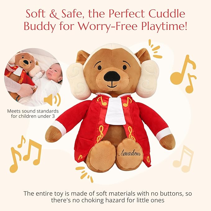 Amadeus Mozart Plush Bear – Plays 40 Mins of Classical Music, Educational & Soothing Interactive Teddy Bear for Babies & Toddlers, Perfect