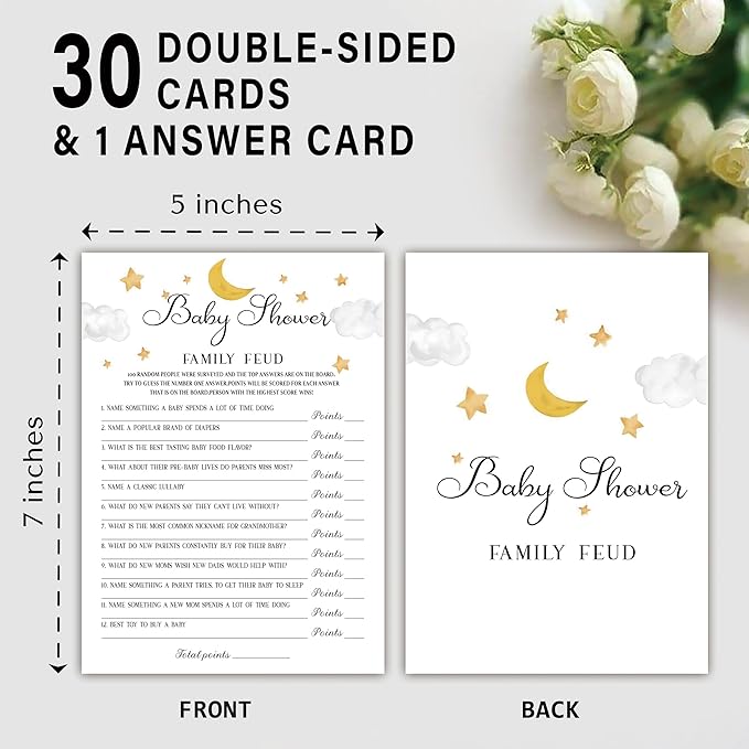 Family Feud Baby Shower Game - Pack of 30 Cards, Answer Key, Boy & Girl Themed Decorations & Supplies