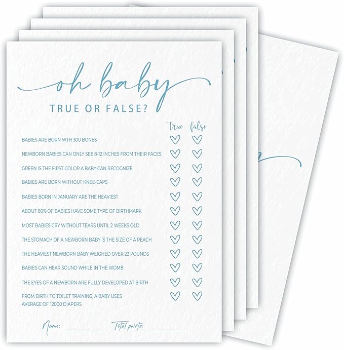 True or False Game Set For Baby Shower - Minimalism White & Blue - 30 Double-Sided Fill In Style Game Cards & 1 Answer Card For Gender Reveal, Baby Announcement, Party Favor & Supplies - C01