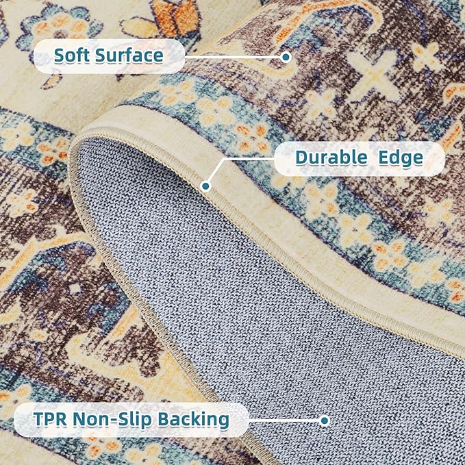 Dripex Vintage Washable Area Rug - 3x5 Entryway Rug for Indoor Door Mat Low-Pile Non-Slip Bedside Rug Bedroom Oriental Medallion Floral Print Carpet Soft Accent Rug Farmhouse Office Home Decor