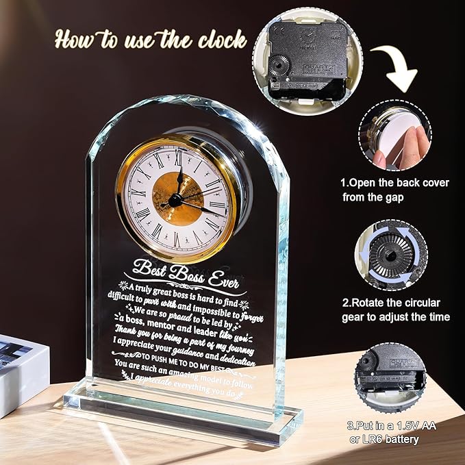 Glass Clock Best Boss Ever Gifts for Women Personalized Appreciation Gift for Men, Retirement Clock Gifts for Lady Boss Going Away, Boss's Day Gift Idea for Office Home Decoration Desk Clock