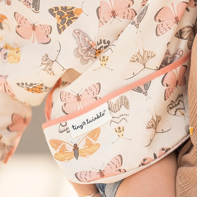 Tiny Twinkle Mess Proof Baby Bib,Waterproof Smock Baby Bib for Eating,Machine Washable Long Sleeve Bib,Baby Led Weaning,Toddler Bib,BLW Supplies(Flutter, Large 2-4 Years)