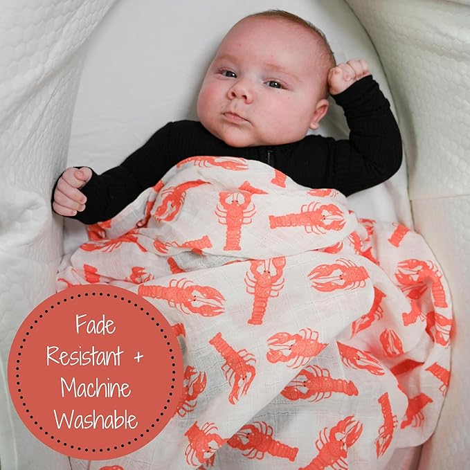 LollyBanks Muslin Swaddle Blankets for Boys and Girls, 100% Cotton Baby Blanket, Large 47 x 47 Inches Breathable Swaddles for Newborn, Gender Neutral Baby Swaddle Blanket, Registry (Lobster Print)