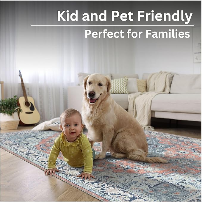 Bloom Rugs Washable Non-Slip 8' x 10' Rug - Coral/Blue Traditional Medallion Area Rug for Living Room, Bedroom, Dining Room, and Kitchen - Exact Size: 8' x 10'