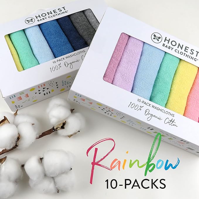HonestBaby 10-Pack Terry Wash Cloths in Gift Box 100% Organic Cotton for Infant Baby Boys, Girls, 10-Pack Rainbow Pinks, One Size