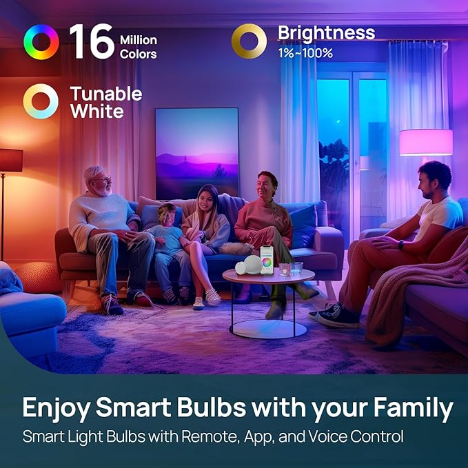 Linkind Smart Light Bulbs with Remote Control, Smart Bulb That Work with Alexa & Google Home, LED Light Bulbs Color Changing 64 Preset Scenes, A19 E26 2.4Ghz WiFi Light Bulbs Dimmable 60W 800lm 6 Pack