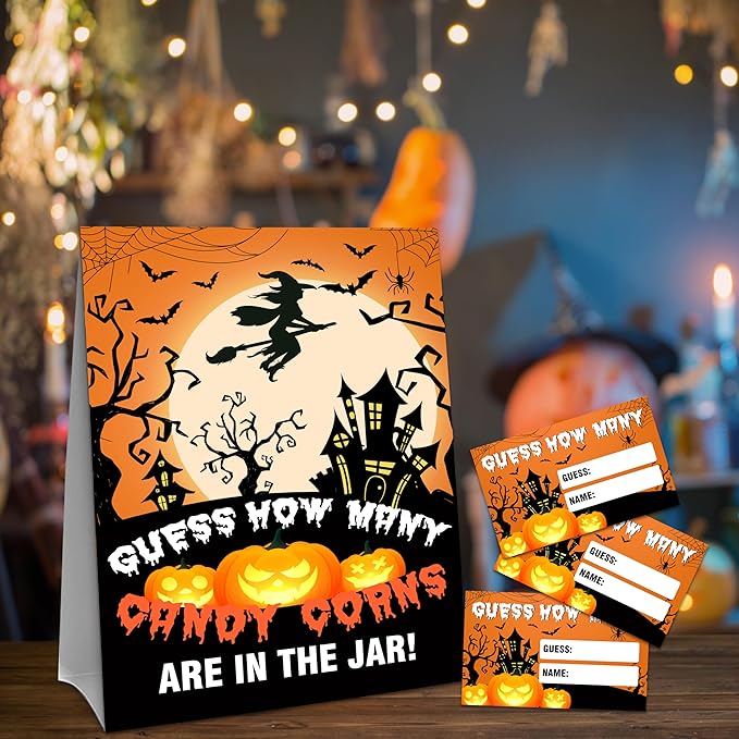 Halloween How Many Candy Corns Are In The Jar - 1 Standing Sign & 50 Guessing Cards - Halloween Witch Party Game & Decoration For Boys, Girls, Adults - Baby Shower, Birthday Game Set - A09