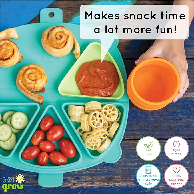 On-The-Go Snack Mat – Baby Silicone Travel Dining Placemat – Portable Silicone Toddler Plate – Reusable Snack Container with 3 Compartments and Lids for 6 Months + (Aqua)