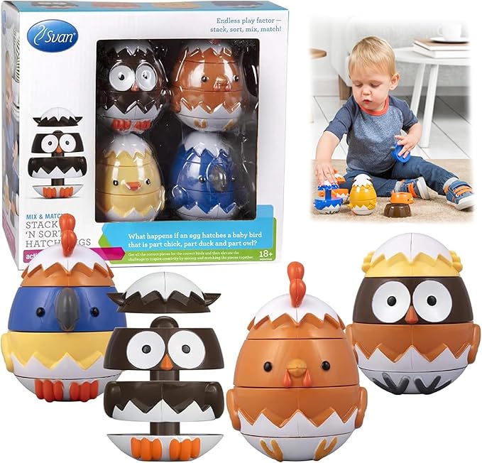 Egg Stacking & Sorting Animals, Mix & Match Adorable Hatching Friends- 4 Different Animals- Creative, Educational & Imaginative Hands On Building Toys- for Baby Toddler Kids Gift- Chick Owl Duck Bird