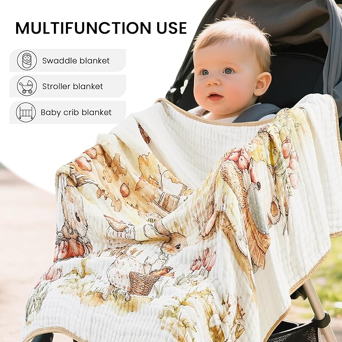 Luxury Muslin Baby Blanket, Cozy Swaddle, 6-Layer Cotton Receiving Blanket for Newborn Infant, 43x43 Inch Lightweight Breathable Crib Blanket, Nursery Stroller Toddler Quilt, Rabbits