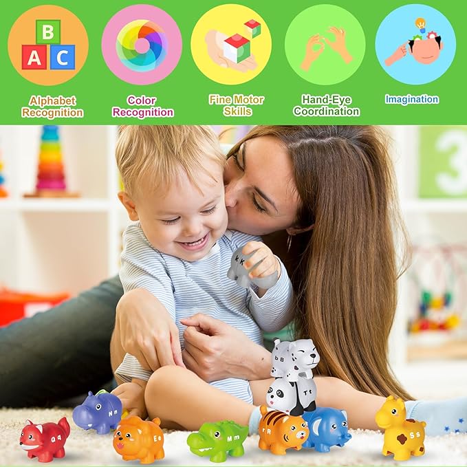 52PCS Animal Alphabet Learning Toys for Toddlers 2-4, 10 Different Animal Figures, Montessori Educational Toys Gifts for Boy Girl, Preschool Learning Activities, Double Sided ABC Matching Game 