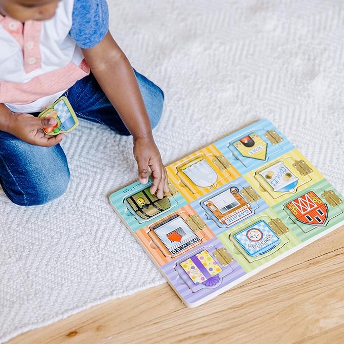 Melissa & Doug Wooden Hide & Seek Activity Board – Montessori Busy Board with Hinges, Doors & 9 Wooden Magnetic Puzzles, Educational Preschool Learning Toy for Toddlers & Kids Ages 3+