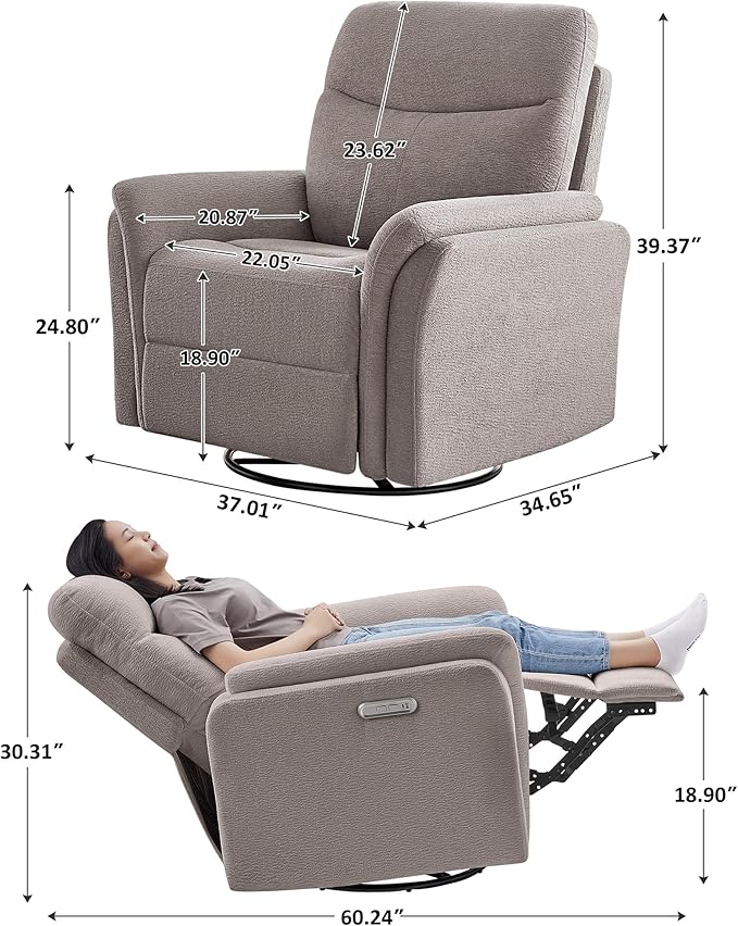 Power Recliner Chair Swivel Glider, Electric Rocking Recliner Chairs with USB and Type-C Ports, Nursery Chair Recliner for Living Room, Bedroom, Apartment(Light Brown)