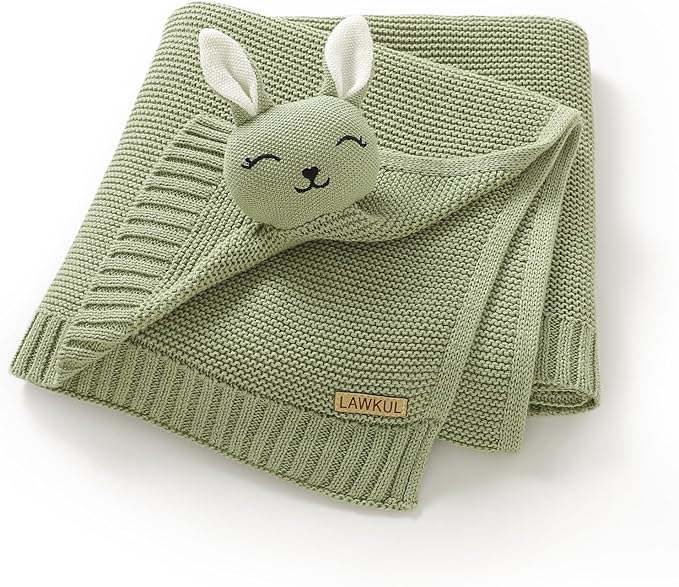 LAWKUL Bunny Lovey Baby Blanket Soft Plush Security Blanket Knit Snuggle Comfort for Newborns Toddlers Boy Girl Green 40x30in