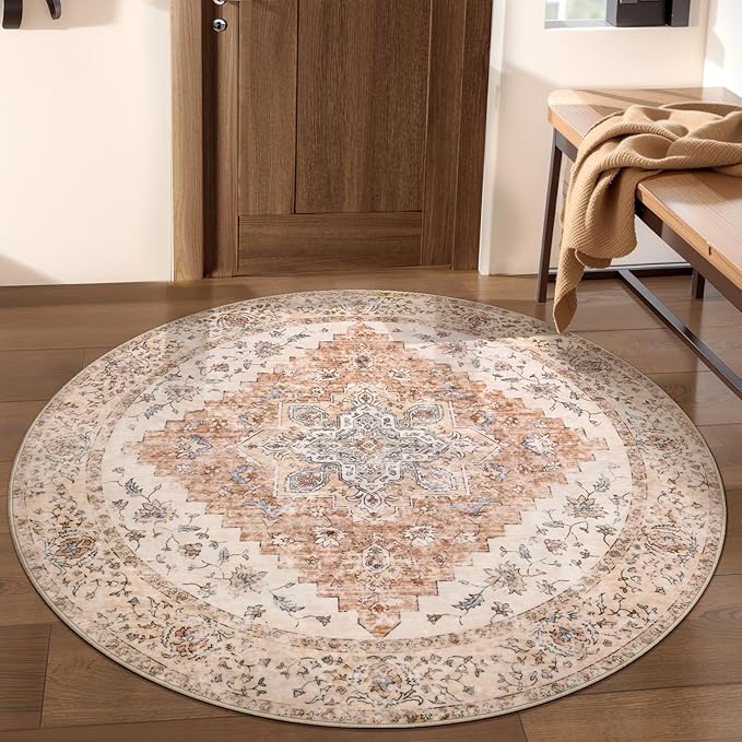 Ciicool Boho Area Rug 4x4ft Round Washable Bedroom Non-Slip Vintage Entryway Throw Rug Low-Pile Indoor Carpet for Living Room Foyer Rug(Vintage Cream/Brick)