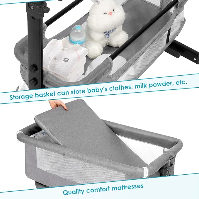 Baby Bassinet, Baby Basinet Bedside Sleeper, Easy to Fold Portable Crib Side Bassinet 2025new Style Girl/boy bassinets(Light Grey)