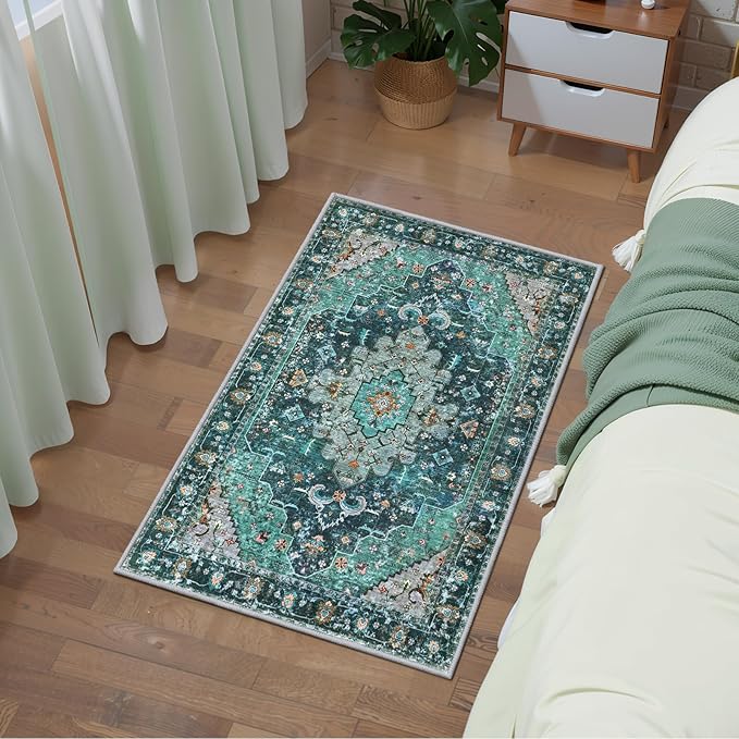 Ciicool Washable Area Rug 2x3ft Small Boho Rug, Teal Rugs for Entryway Non-Slip Entry Rugs Low-Pile Door Mat Floor Accent Carpet for Entrance Bedroom Kitchen Bathroom Foyer Decor