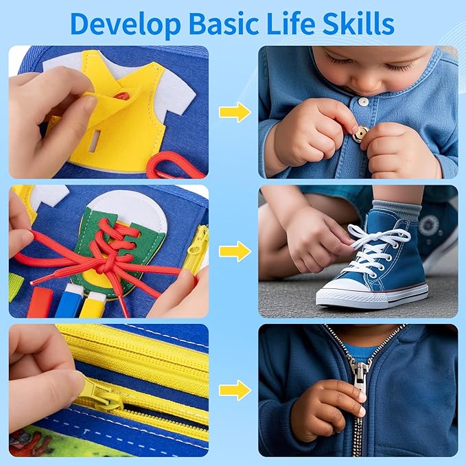 12-page Toddler Busy Board Montessori Toys for 1 2 3 4 Years Old, Busy Book for Toddlers 1-3 Boy Birthday Gift, 24 in 1 Activity Sensory Toys for Motor Skills, Travel Toy for Car Airplane (Blue)