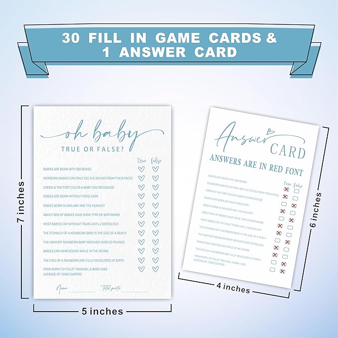 True or False Game Set For Baby Shower - Minimalism White & Blue - 30 Double-Sided Fill In Style Game Cards & 1 Answer Card For Gender Reveal, Baby Announcement, Party Favor & Supplies - C01