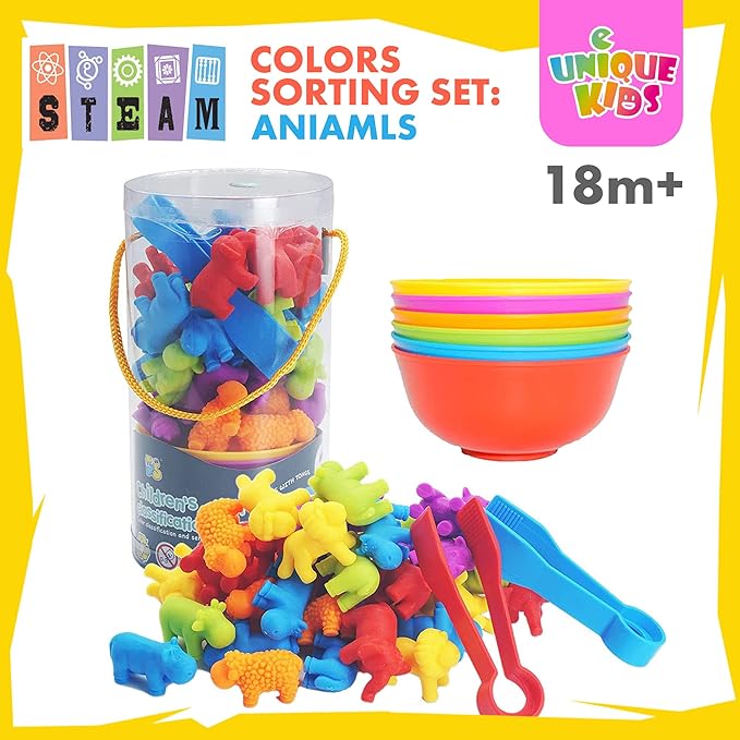 UNIQUE KIDS Counting Educational Learning Toy Set with Sorting Cups – Engaging Sensory Color Classification Training Game for Toddlers and Preschoolers Ages 3 and Up (Animals)