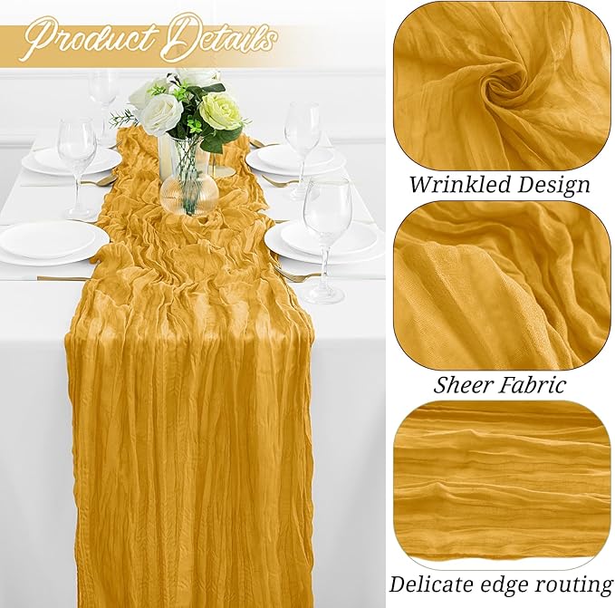 12Pack Gold Table Runner 35 x 120 inch Cheesecloth Table Runner 10FT Boho Fall Table Runners Rustic Gauze Cheese Cloth Table Runners for Party Wedding Birthday Dining Bridal Shower Baby Shower Decor