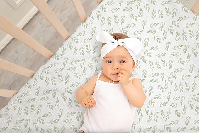 Baby Crib Sheets 2 PCS, 100% Organic Cotton Crib Sheet for Standard Crib Mattress(52”x 28”), Fitted and Soft Breathable Muslin Crib Mattress Sheet for Girl and Boy (Leaves, Green)