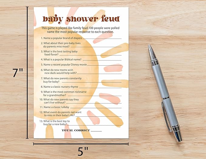 Baby Shower Games, Boho Sun Baby Shower Feud Game, Sunshine Here Comes The Son Gender Reveal Games, Set of 25 Cards(Bohosun003)