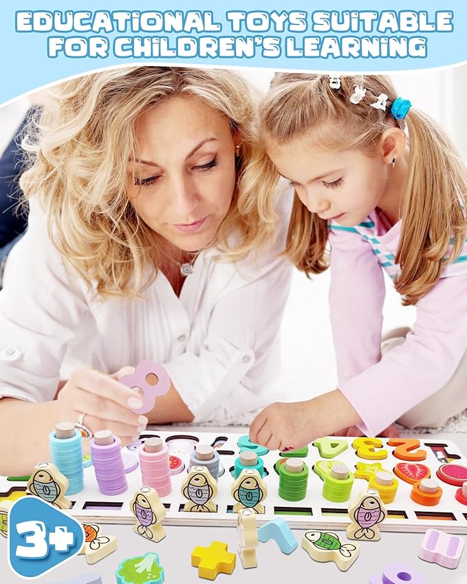Magnetic Fishing Game, Montessori Educational Toy for 1-3, Wooden Alphabet Number Shape Puzzles, Rings Counting Sorting Toys Math Shape Blocks for Toddlers 3-5
