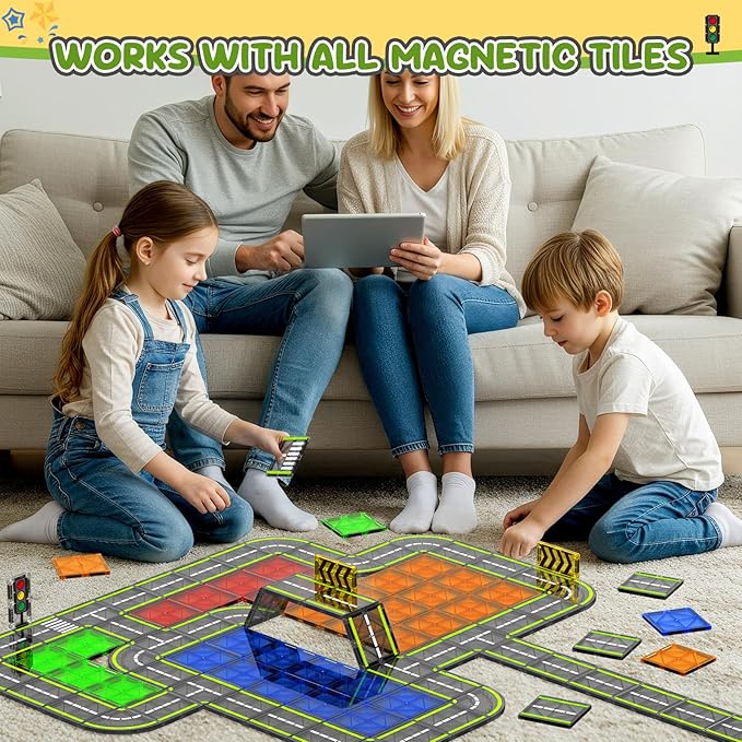 Magnetic Tiles Road Set, Magnetic Building Blocks for Toddler Kids, Montessori Educational Magnet Toys for Kids Ages 3+Year Old, STEM Creative Toy for Christmas Birthday Gifts