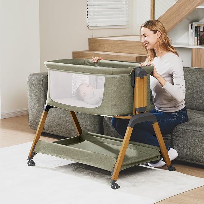 3 in 1 Baby Bassinet, Rocking Bassinets with Comfy Mattress and Wheels, Adjustable Height Bassinet Bedside Sleeper, Easy Folding Portable Crib for Newborn (Green)