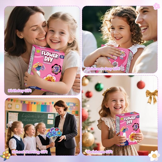 DIY Flower Bouquet Craft Kits, Poke in Art Arts and Crafts for Kids Girls Boys 4 5 6 7 8 9 10 11 12 Years Old Great Birthday Christmas Gifts 6 Flowers with LED Lights