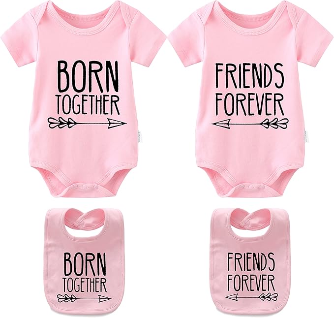 YSCULBUTOL Baby Twins Bodysuits Best Friends Forever Baby Clothes Set with Bibs Girl Outfit with hat