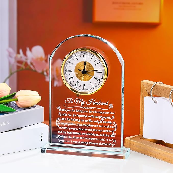 Glass Clock Gifts for Husband from Wife Personalized Gift for Husband Who Has Everything on Birthday Anniversary, Presents for Him on Christmas Home Desk Clock
