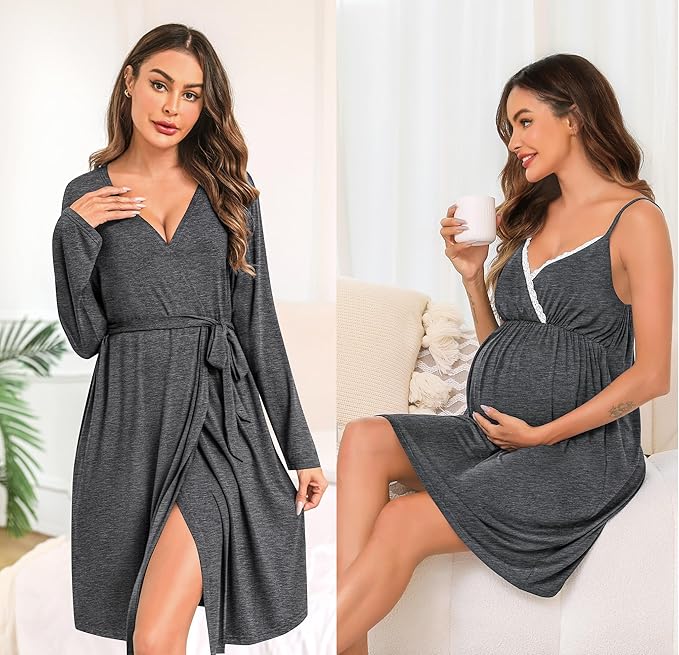 SWOMOG Womens Maternity Robe 2 Piece Nursing Nightgown for Breastfeeding 3 in 1 Labor Delivery Nursing Dress Lace Bathrobe