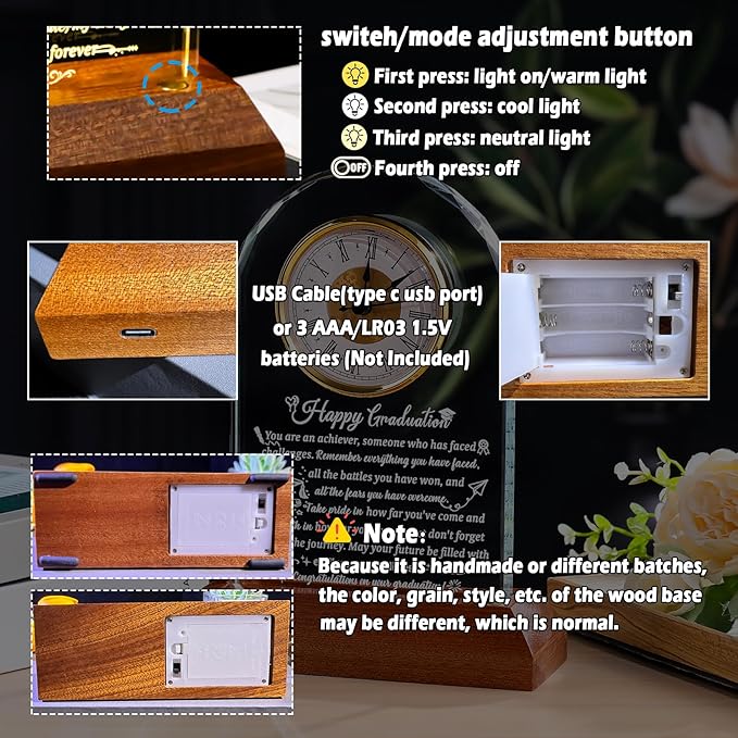 Glass Clock Graduation Gifts for Women Men with Wooden Light Base Class of 2025 Graduation Keepsakes for Her Him Inspirational Gifts Idea for College High School PHD Masters Degree