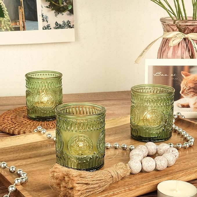 30 Pcs Votive Candle Holders, 2x2.5iInch Green Glass Tea Light Candle Holders for Christmas Decorations, Butterfly Pattern Votives for Wedding, Christmas, Party Decor & Gift-Giving
