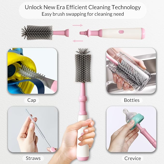 Powerful Electric Baby Bottle Brush Cleaner Set,Complete with Silicone Bottle/Nipple/Gap/Straw Brushes,Plus a Dispenser and Foldable Drying Rack,Effort Electric Cleaning Brush,Portable Travel Set