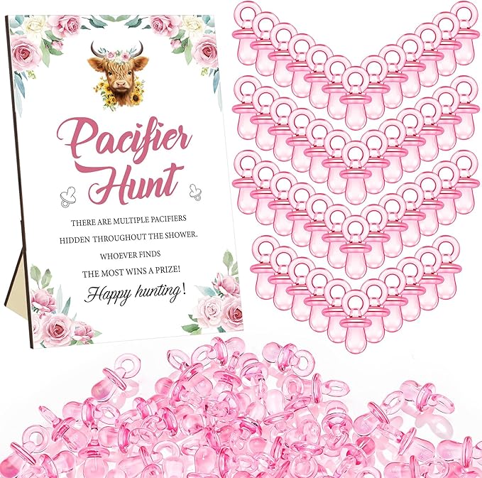 Thyle 51 Pcs Pacifier Hunt Baby Shower Games Include Hunt Sign and 50 Acrylic Pacifiers for Baby Shower Game Decoration Gift Sets Gender Reveal Party Decor(Highland Cow)