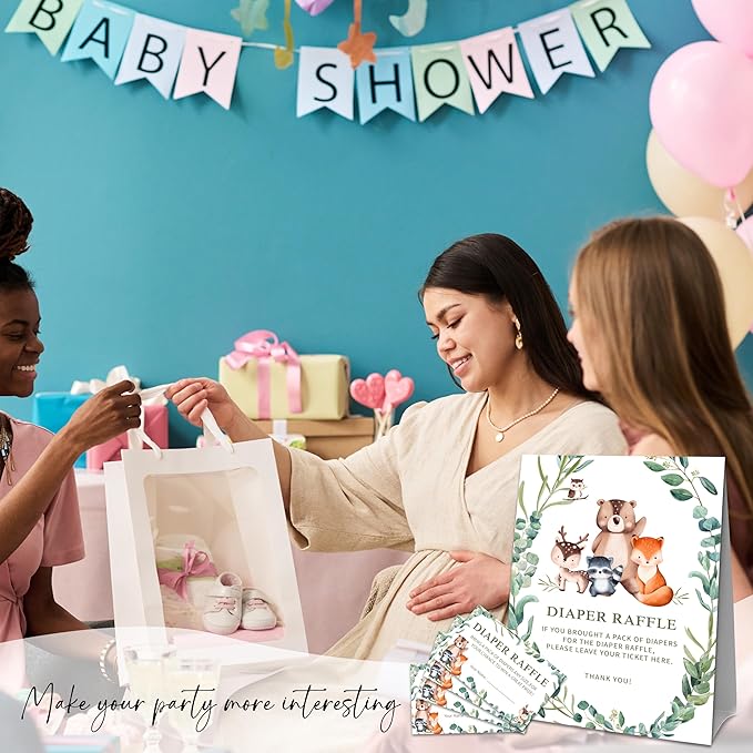 Greenery Animals Diaper Raffle Set For Baby Shower - 50 Raffle Tickets With 1 Standing Sign - Baby Announcement, Gender Reveal Baby Shower Party Decoration Game Set - A04