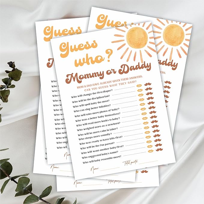Guess Who? Mommy Or Daddy Baby Shower Game Set - Watercolor Sunshine - 30 Double-Sided Fill In Style Game Cards For Gender Reveal, Baby Announcement, Party Favor & Supplies - B03