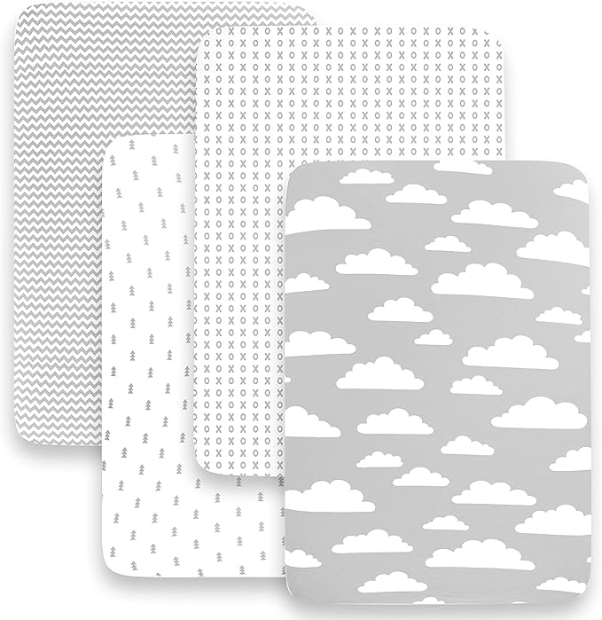 BaeBae Goods Premium Crib Sheets for Baby Boys and Girls, 4 Pack, Soft and Breathable Jersey Knit Fitted Sheet Set, Grey and White, Cute Gender Neutral Nursery Mattress Bedding, Universal Fit