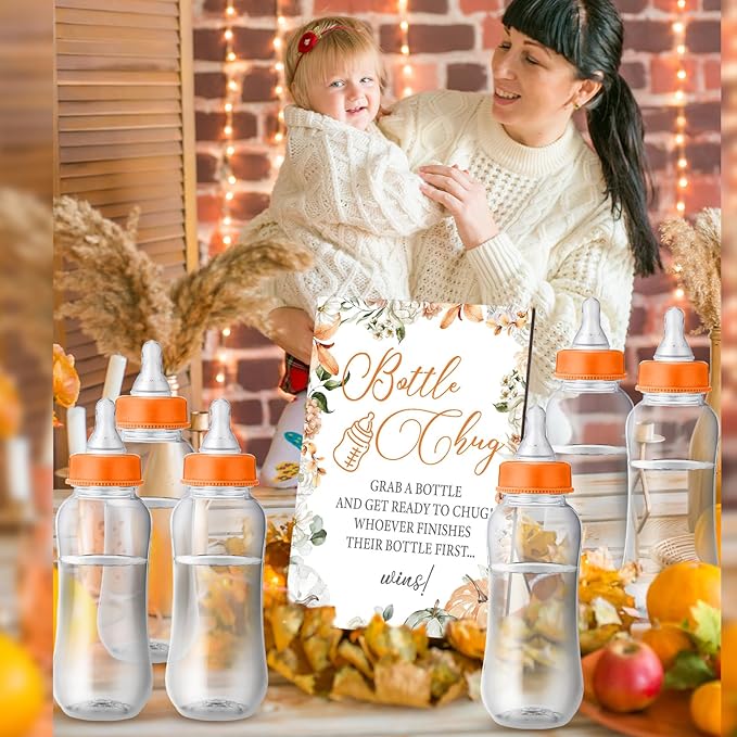TrelaCo Little Pumpkin Cool Baby Shower Games Wooden Bottle Chug Sign Rustic Theme Baby Gift Sets and 12 Pcs Baby Bottle Shower Favor Baby Bottles for Rustic Kraft Baby Shower Games Gender Reveal