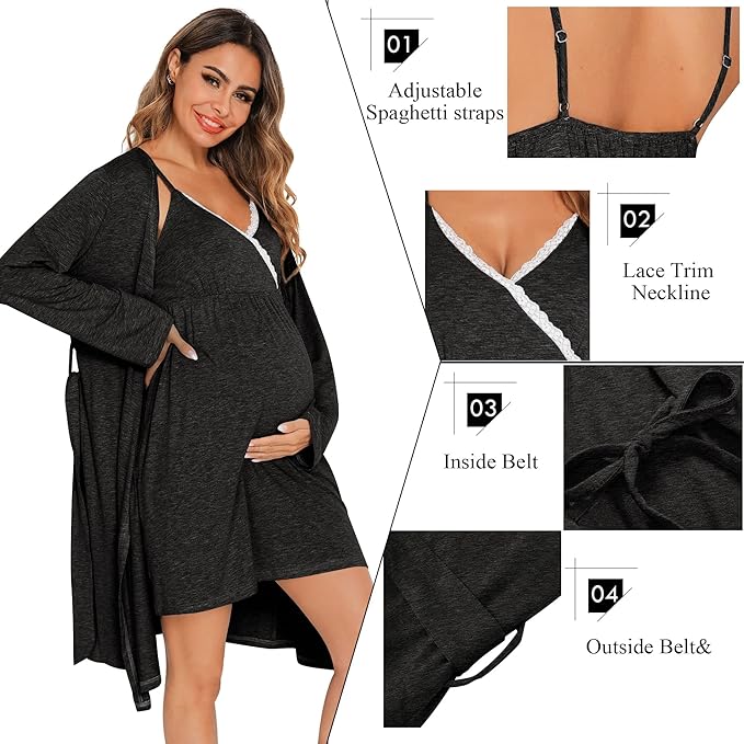 SWOMOG Womens Maternity Robe 2 Piece Nursing Nightgown for Breastfeeding 3 in 1 Labor Delivery Nursing Dress Lace Bathrobe